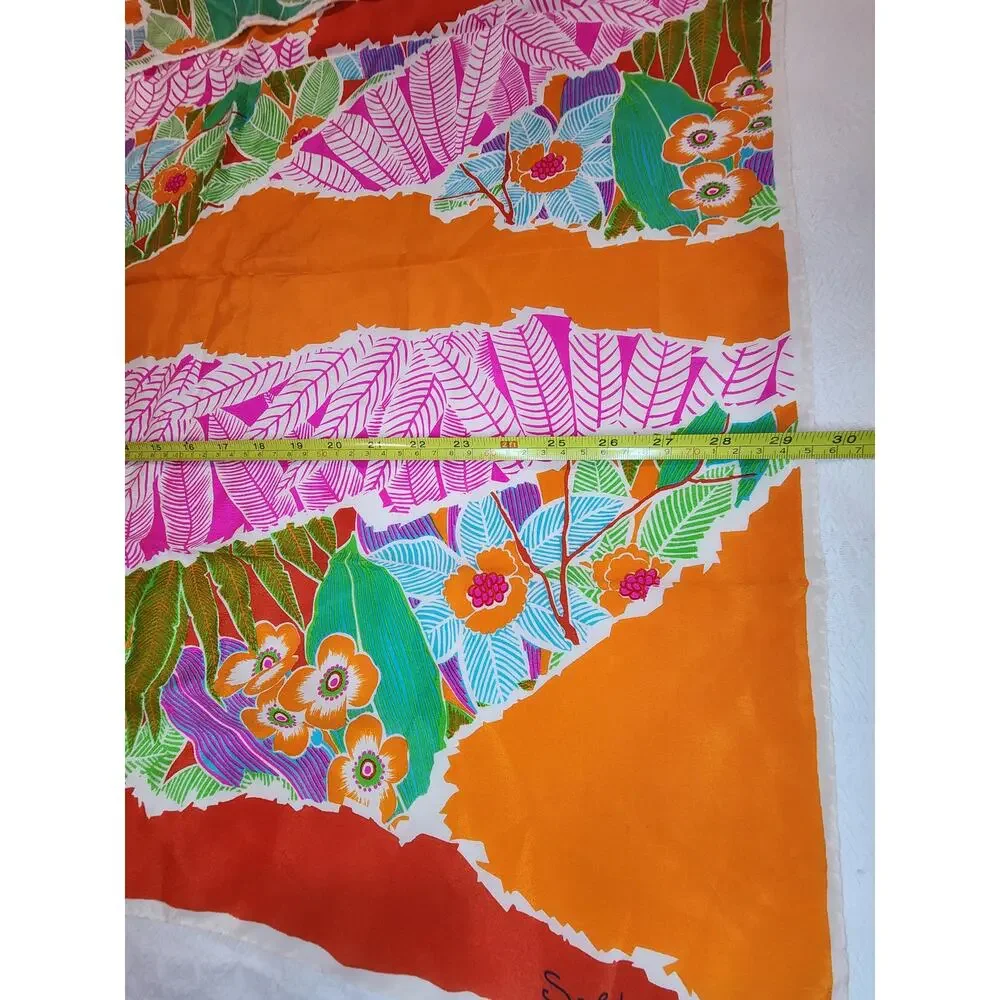 Saldarini Italy Silk Square Scarf Tropical Floral Orange Rust Magenta 30in